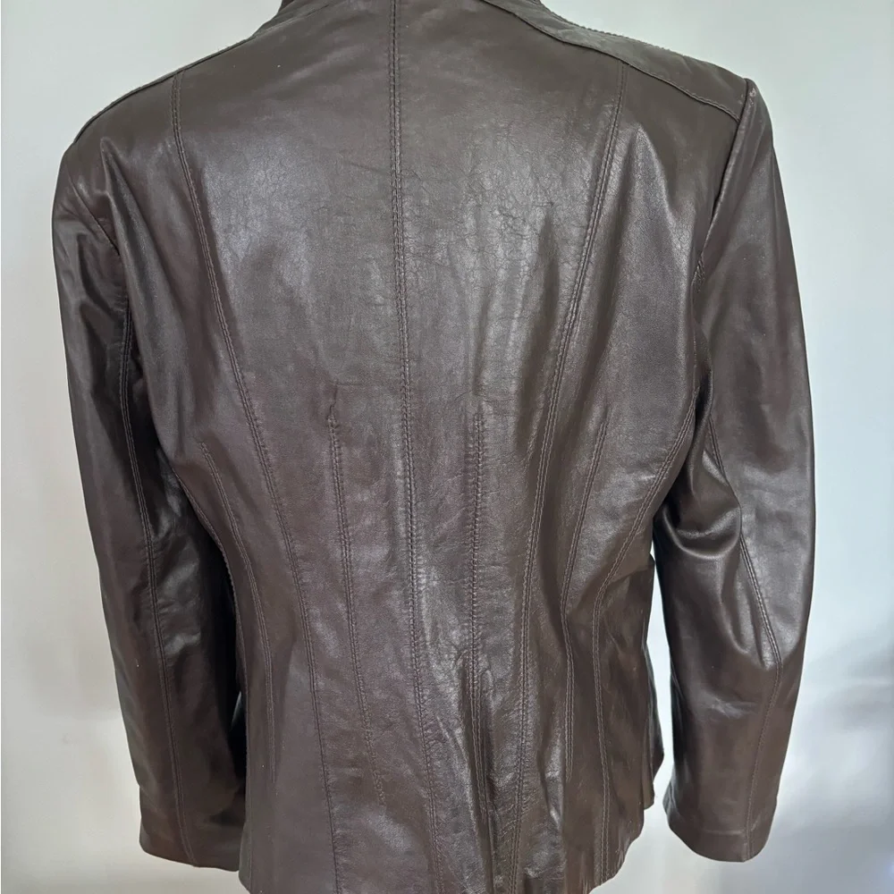 Tahari Dark Brown Collarless Leather Jacket - Picture 2 of 11